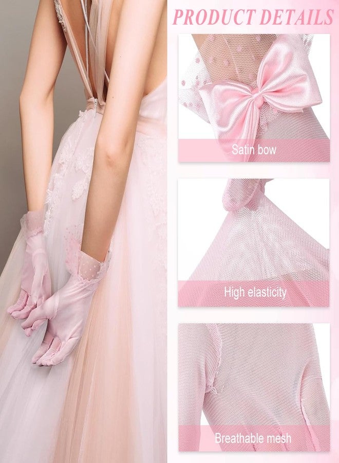 PATPAT® 1 Pair Pink Lace Gloves for Women, Bridal Elegant Gown Net Gloves for Women with Bow and Lace Cuff, Adult Ladies Elegant Mittens for Wedding Party Festival Photography Formal Gown Accessories - Image 3